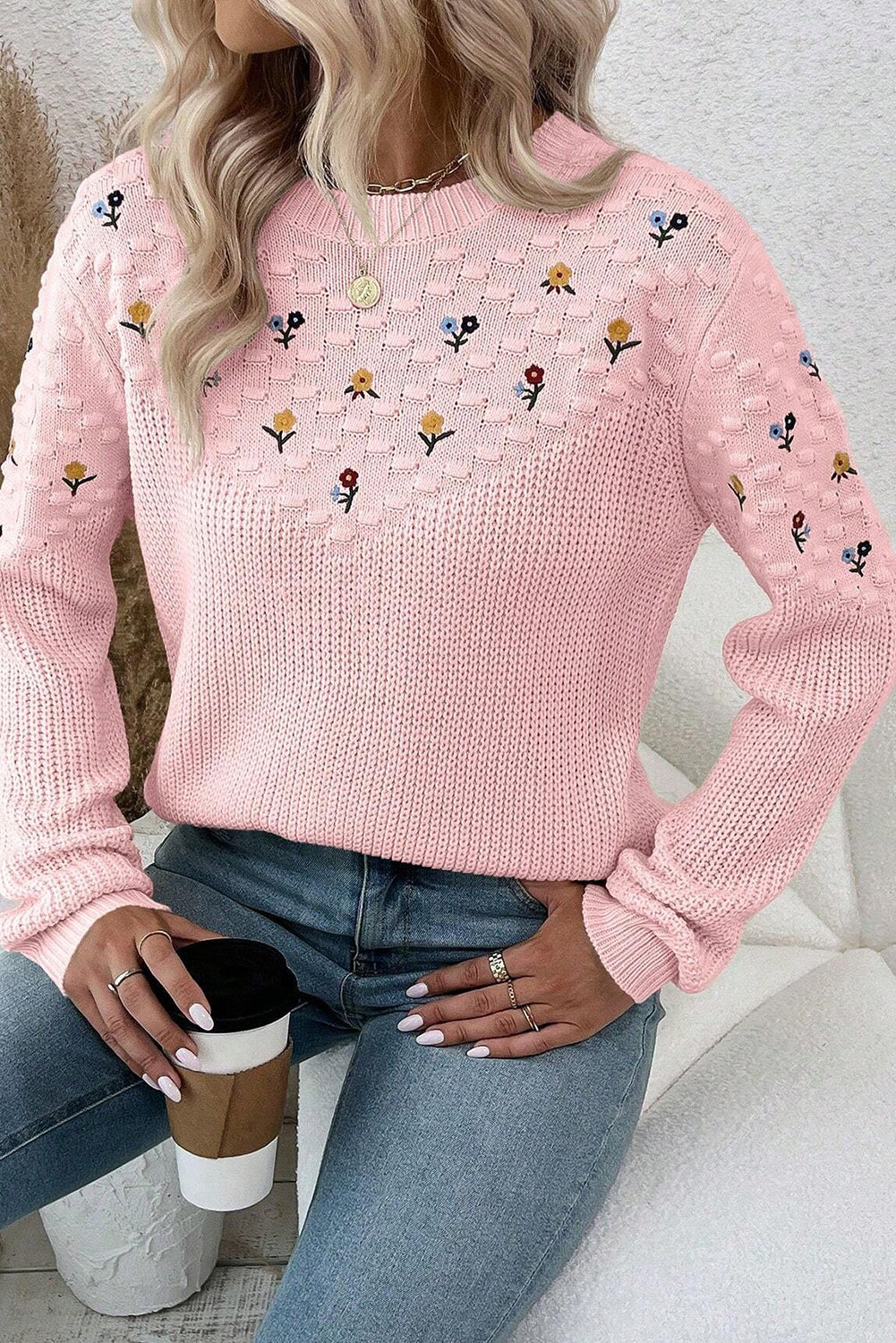 Light Pink Mixed Texture Knit Flower Embroidered Detail Casual Sweater