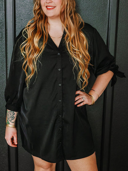 Black Plus Size Tie Cuffs V Neck Shirt Dress