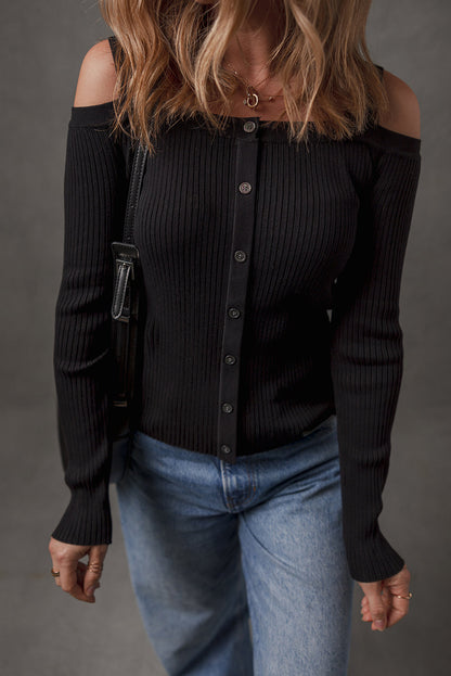 Black Ribbed Knit Cold Shoulder Button Front Sweater