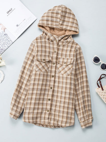 Khaki Checkered Sherpa-Lined Hooded Shacket