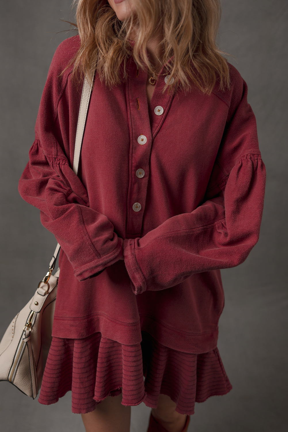 Burgundy Ruffle Hem Patchwork Half Button Long Sleeve Loose Tunic Dress
