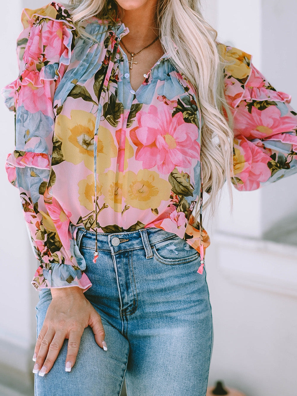 Floral Delight Pink Ruffle Tiered Puff Sleeve Blouse