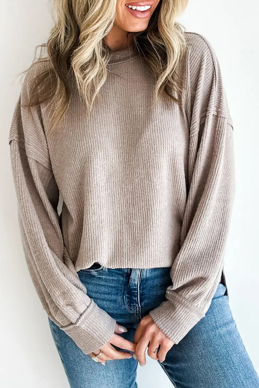 Parchment Solid Color Ribbed Knit Raw Seam Long Sleeve Top
