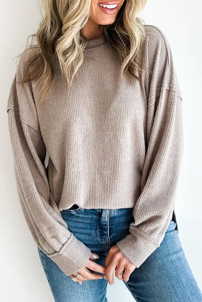 Parchment Solid Color Ribbed Knit Raw Seam Long Sleeve Top