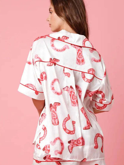 Elegant White Satin Sleepwear Set with Heart Print