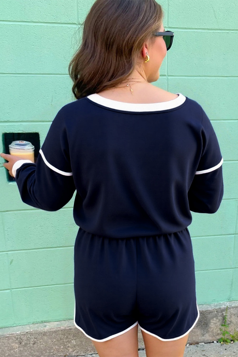 Bluing Colorful Striped Accent Varsity Long Sleeve Pullover and Shorts Matching Set