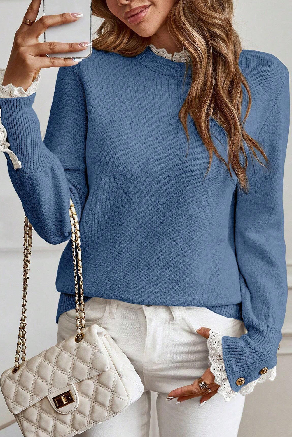 Dusk Blue Lace Trim Patchwork Buttoned Cuffs Loose Sweater