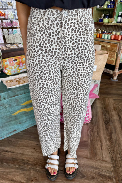 Brown Leopard Print Button Zip Fly Casual Denim Pants