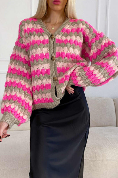 Rose Red Chic Striped Pattern Button V Neck Oversize Sweater Cardigan