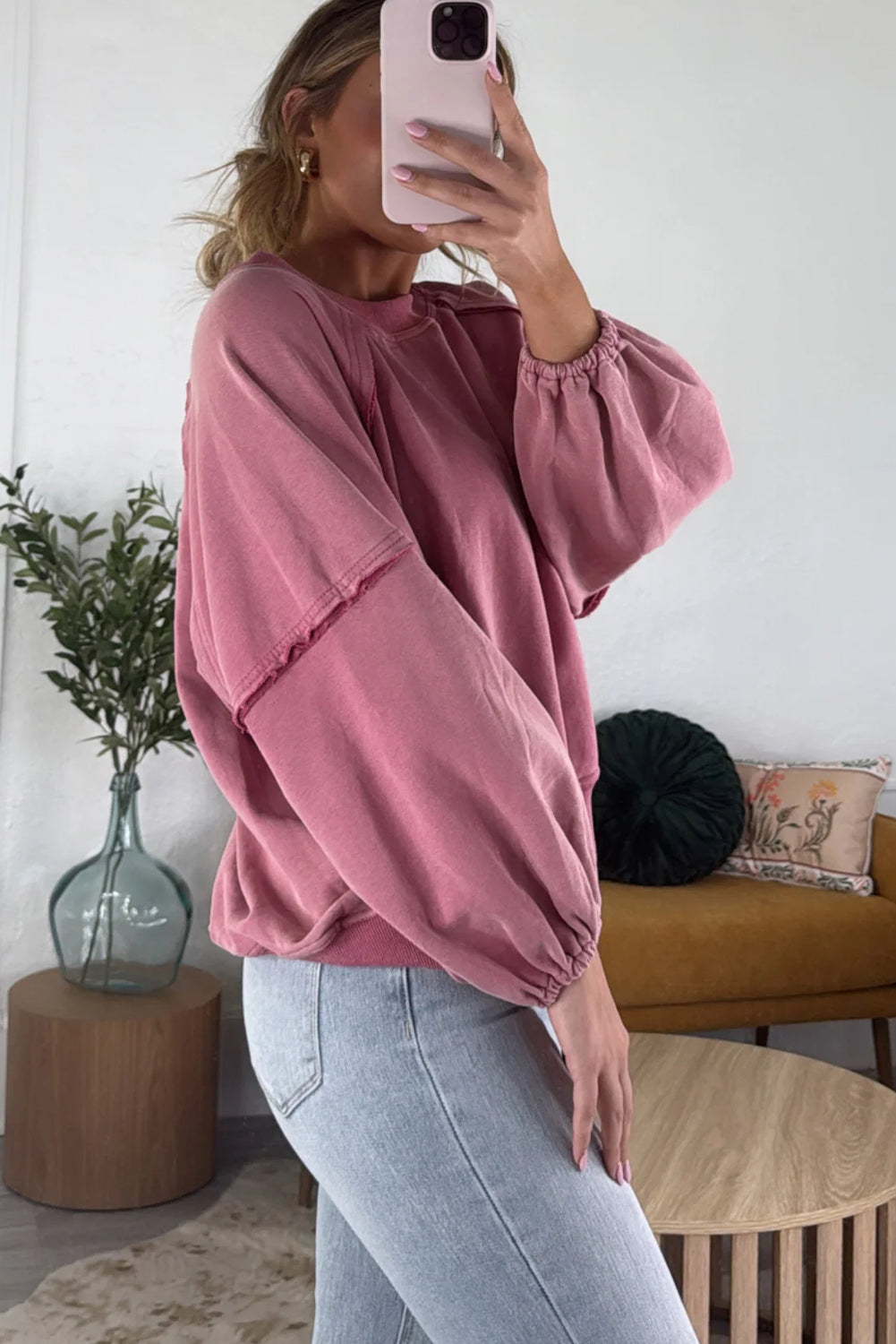 Coral Elastic Cuffs Balloon Sleeve Raw Seam Patchwork Sweatshirt