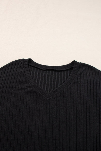 Black Plus Size Ribbed V Neck Pullover and Pants Set