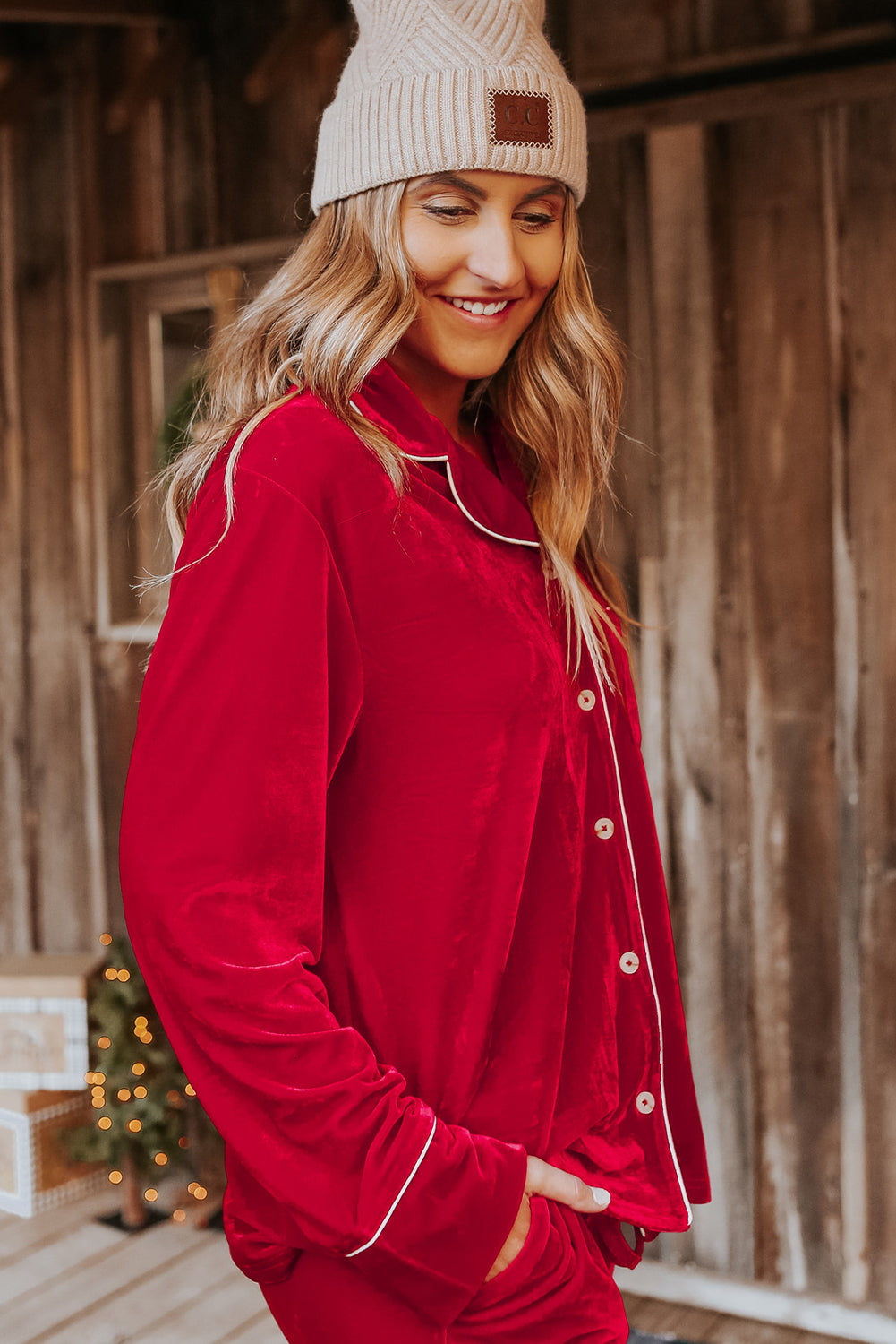 Racing Red Velvet Contrast Piping Trim Long Sleeve Shirt Drawstring Waist Pajama Set