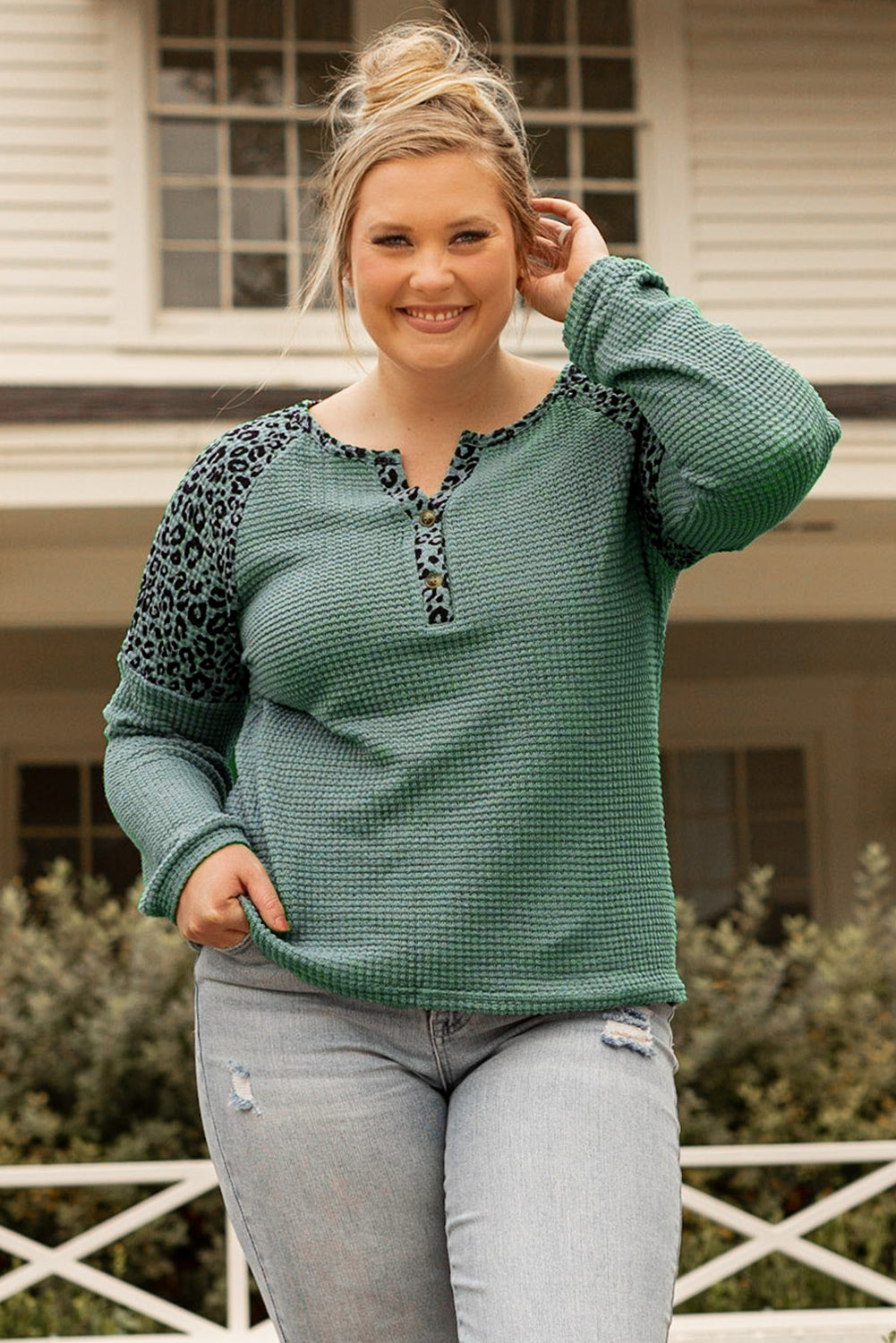 Mist Green Leopard Patchwork Textured Knit Plus Size Henley Top