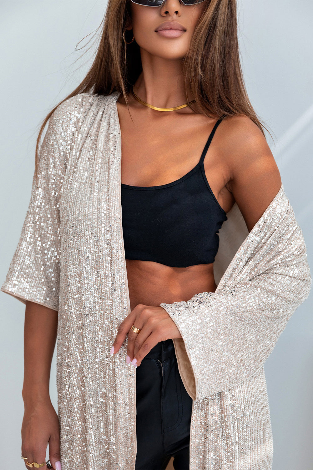 Apricot Sequin Embellished Open Front Kimono Duster