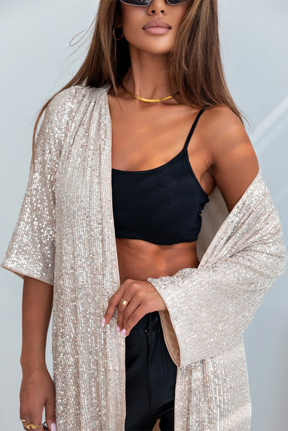 Apricot Sequin Embellished Open Front Kimono Duster