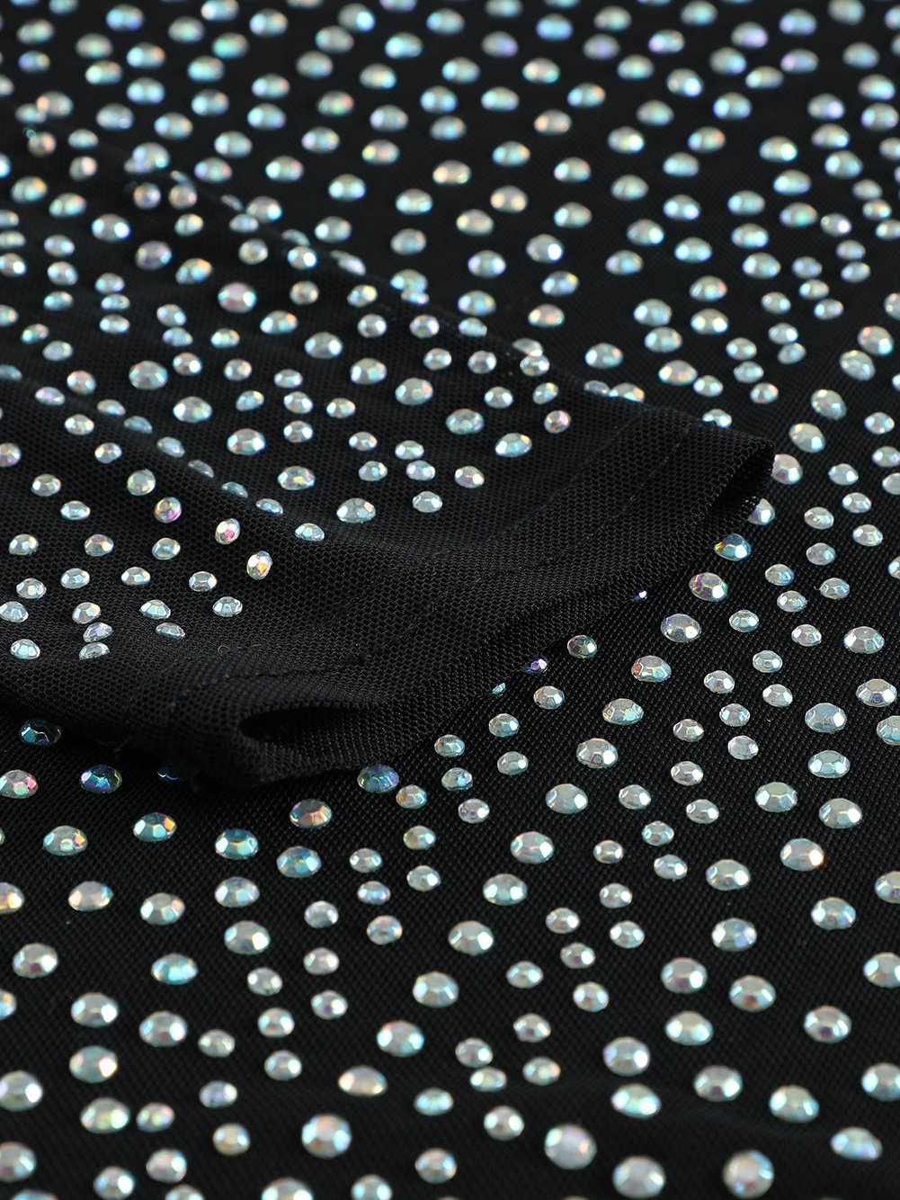 Iridescent Silver Rhinestone Embellished Black Mock Neck Bodysuit