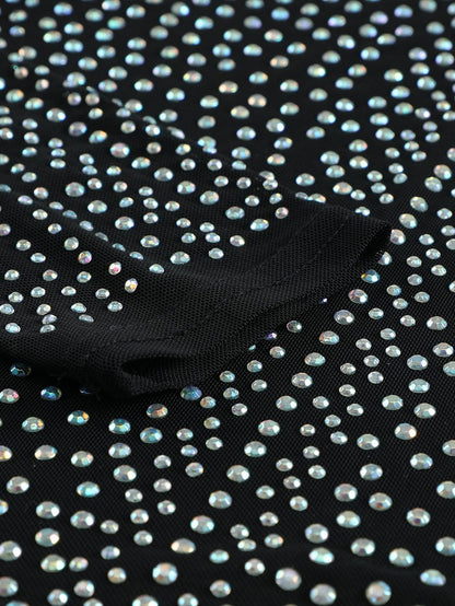 Iridescent Silver Rhinestone Embellished Black Mock Neck Bodysuit