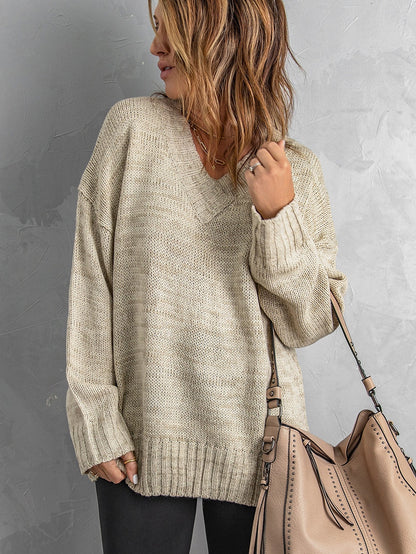 Khaki Drop Shoulder V-Neck Knit Pullover Sweater