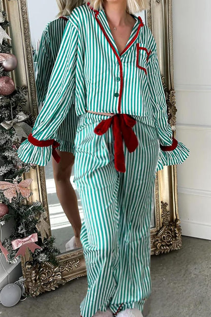 Green Stripe Contrast Velvet Trim Bow Knot Waist 2pcs Pajama Set