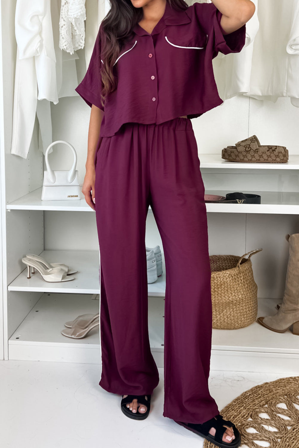 Grape Wine Contrast Piping Cropped Short Sleeve Shirt and Loose High Waist Pants 2pcs Pajama Set