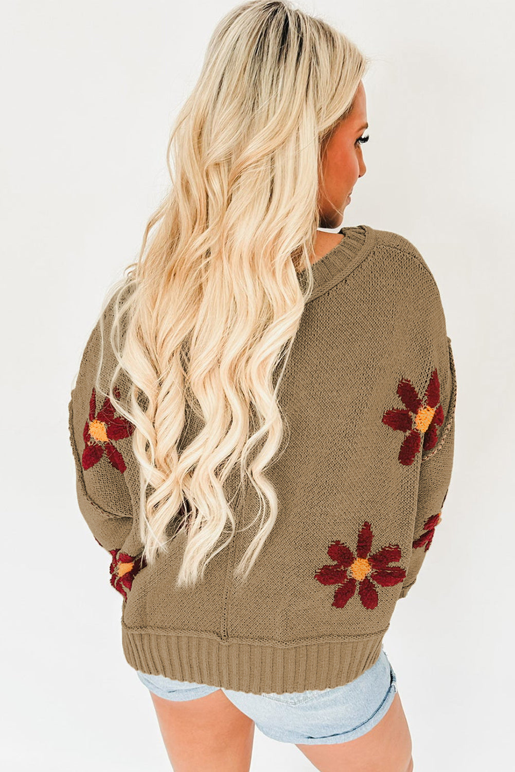 Green Floral Knit V Neck Sweater with Ribbed Trim