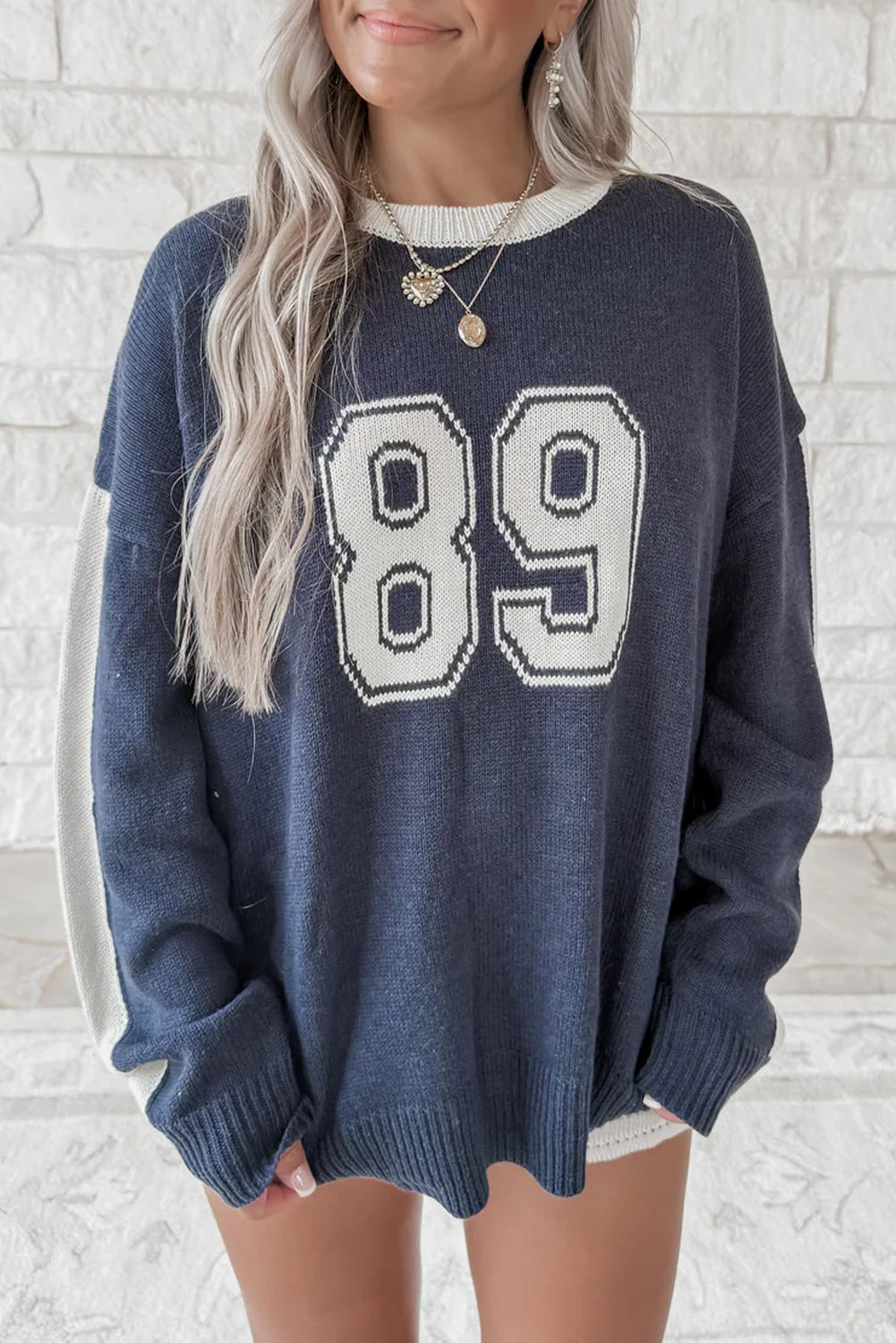 Dirty blue Number 89 Drop Shoulder Color Block Knit Baggy Sweater