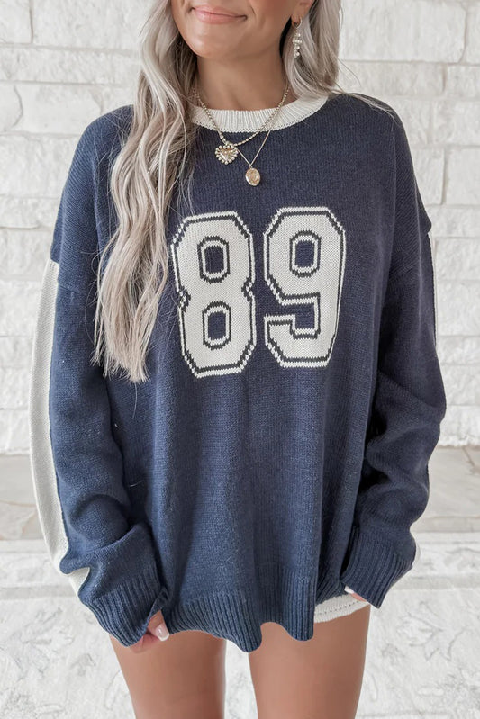 Dirty blue Number 89 Drop Shoulder Color Block Knit Baggy Sweater