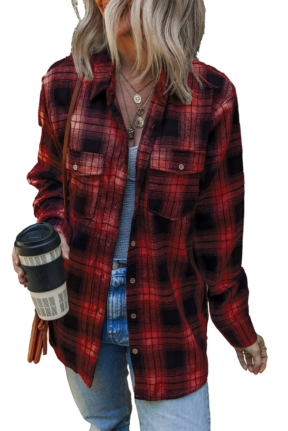 Red Retro Plaid Double Flap Pocket Brushed Shacket