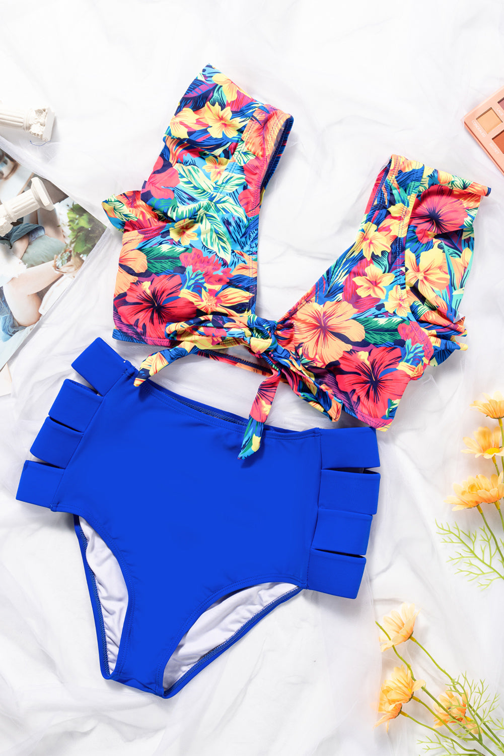 Floral Print Ruffle Trim High Waisted Bikini Set in Ocean Blue