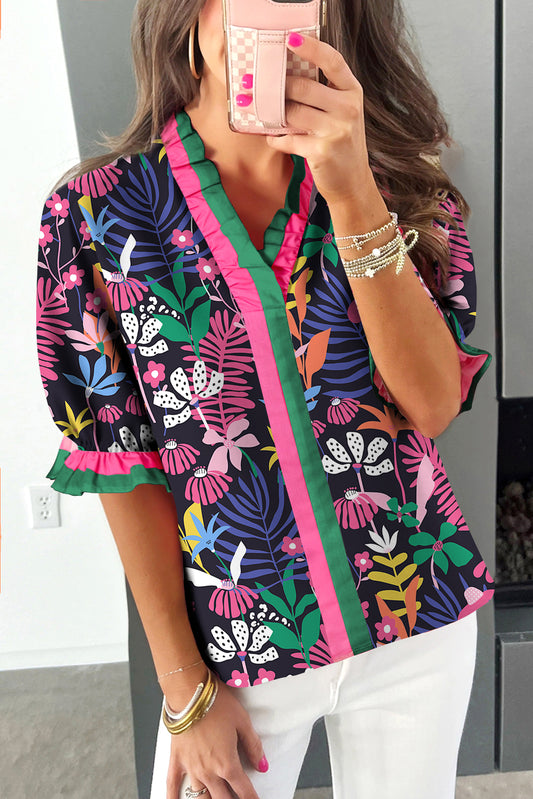 Rose Floral Print Frilled Contrast Striped Trim V Neck Short Sleeve Blouse