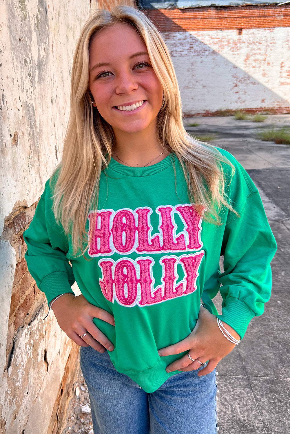 Dark Green HOLLY JOLLY Patched Graphic Plus Size Sweatshirt