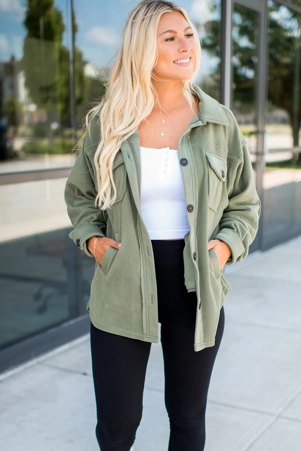 Smoke Green Solid Color Exposed Seam Patchwork Button Down Fleece Shacket