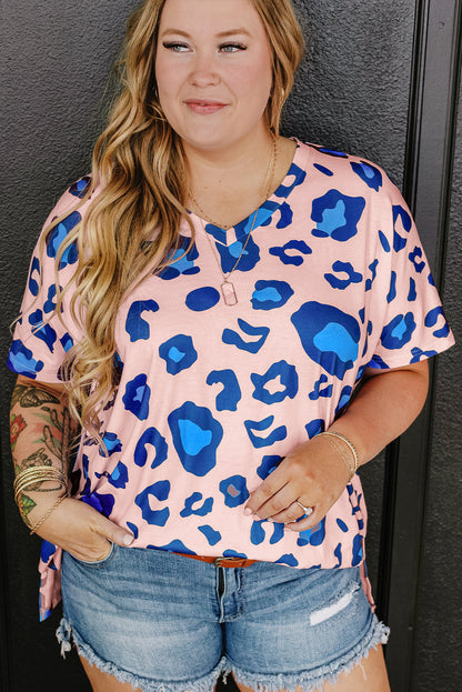 Pink Leopard Print Oversized V Neck Plus Size Tee