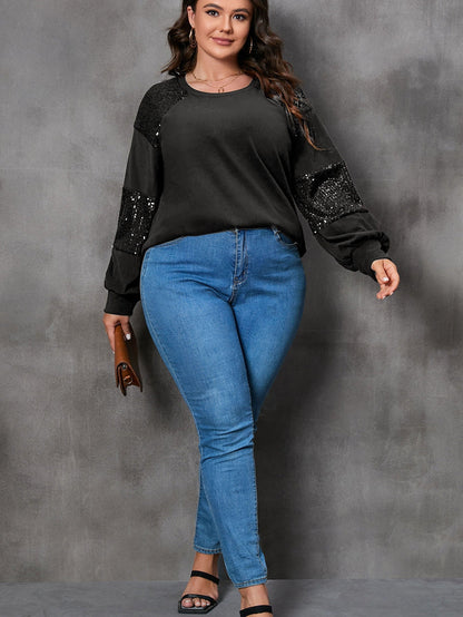Sparkling Black Plus Size Sequin Patchwork Long Sleeve Top