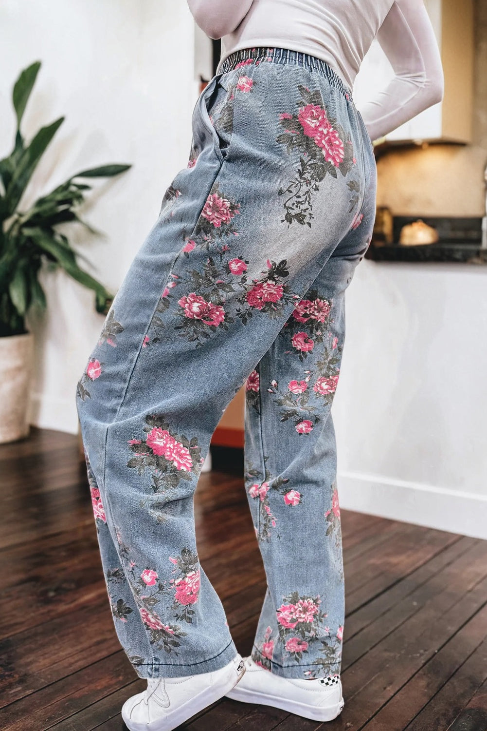 Beau Blue Floral Print Elastic Waist Pull On Casual Jeans