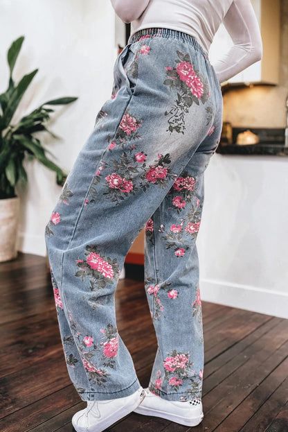 Beau Blue Floral Print Elastic Waist Pull On Casual Jeans