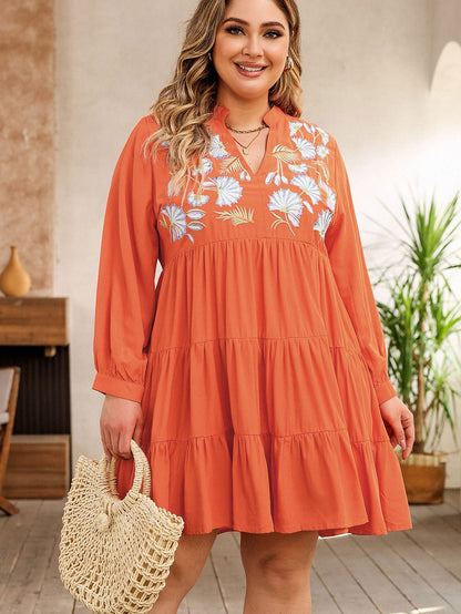 Orange Plus Size Embroidered Tiered Ruffle Dress