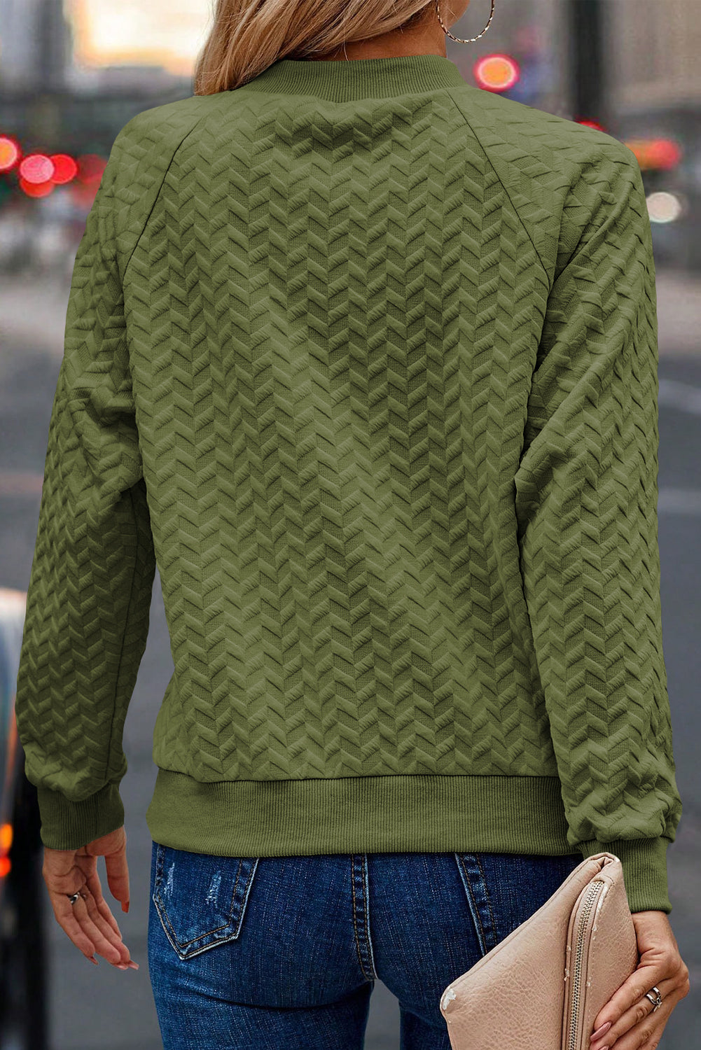 Forest Green Textured Raglan Sleeve Casual Sweatshirt