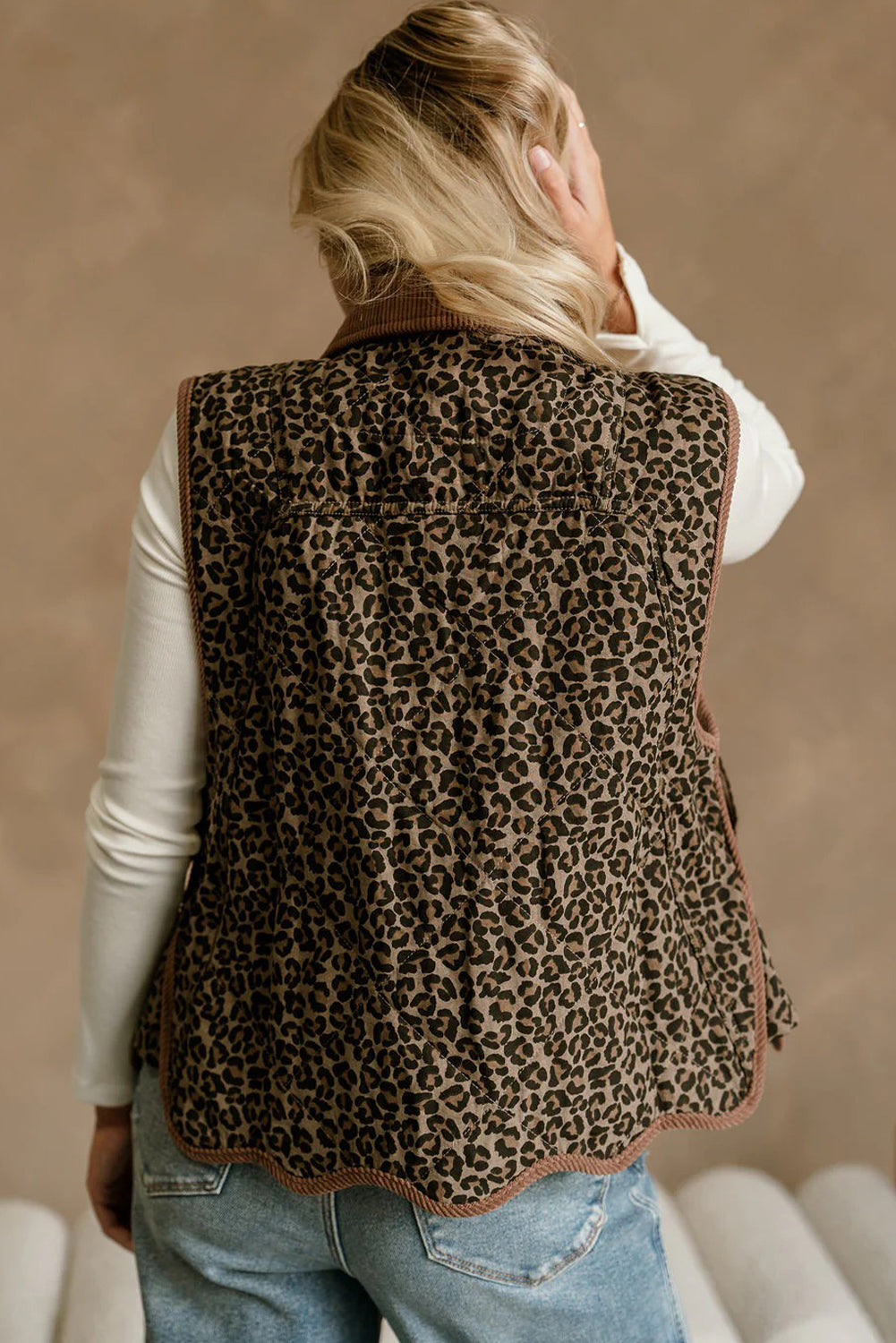 Khaki Stitched Leopard Print Corduroy Trim Contrast Collar Patchwork Vest