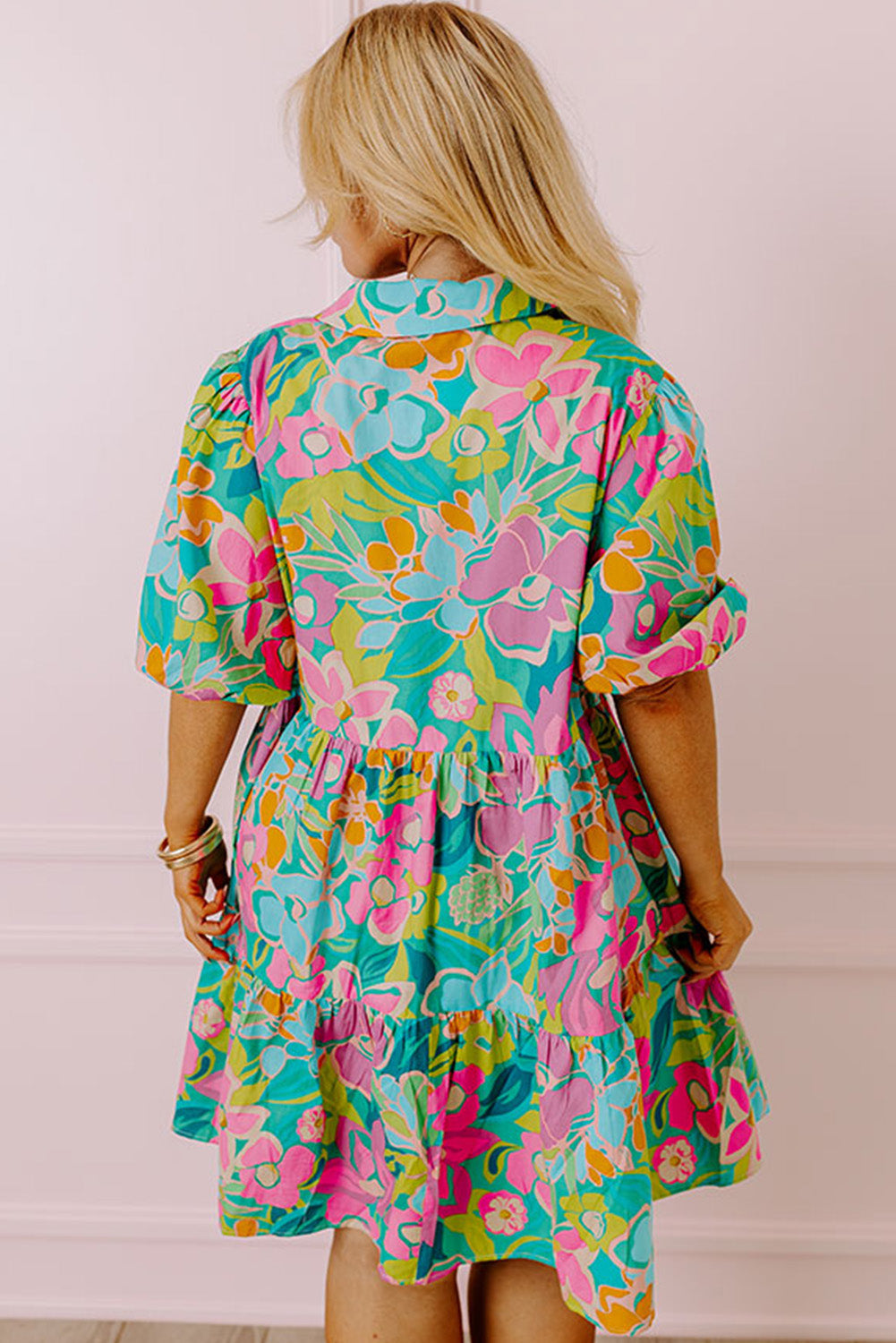 Green Floral Print Tiered Shirt Dress with Puff Sleeves