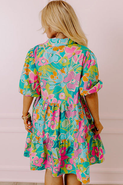 Green Floral Print Tiered Shirt Dress with Puff Sleeves
