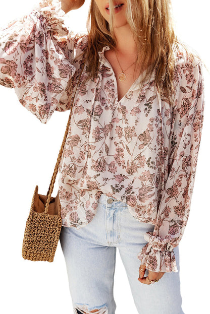 Floral Fantasy Bubble Sleeve Boho Blouse