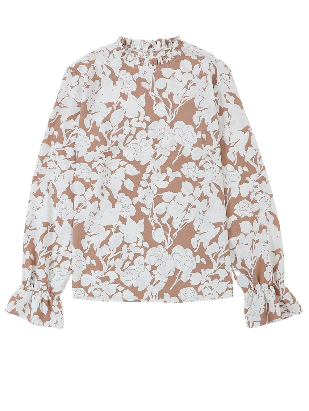 French Beige Floral Print Ruffle Neckline Flounce Sleeve Top
