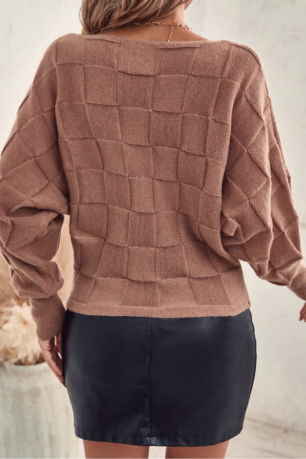 Chestnut Checkered Texture Knit Dolman Sleeve Sweater
