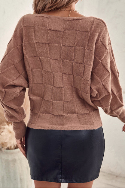 Chestnut Checkered Texture Knit Dolman Sleeve Sweater