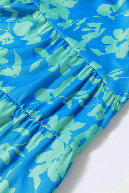 Sky Blue Floral Print Plus Size Flutter Sleeve Mini Dress with Button Detail