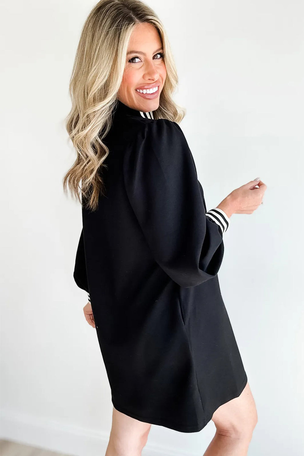 Black Striped Patchwork Zip Neck Long Sleeve Shift Mini Dress