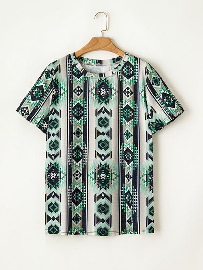 Green Geometric Retro Print Plus Size Tee