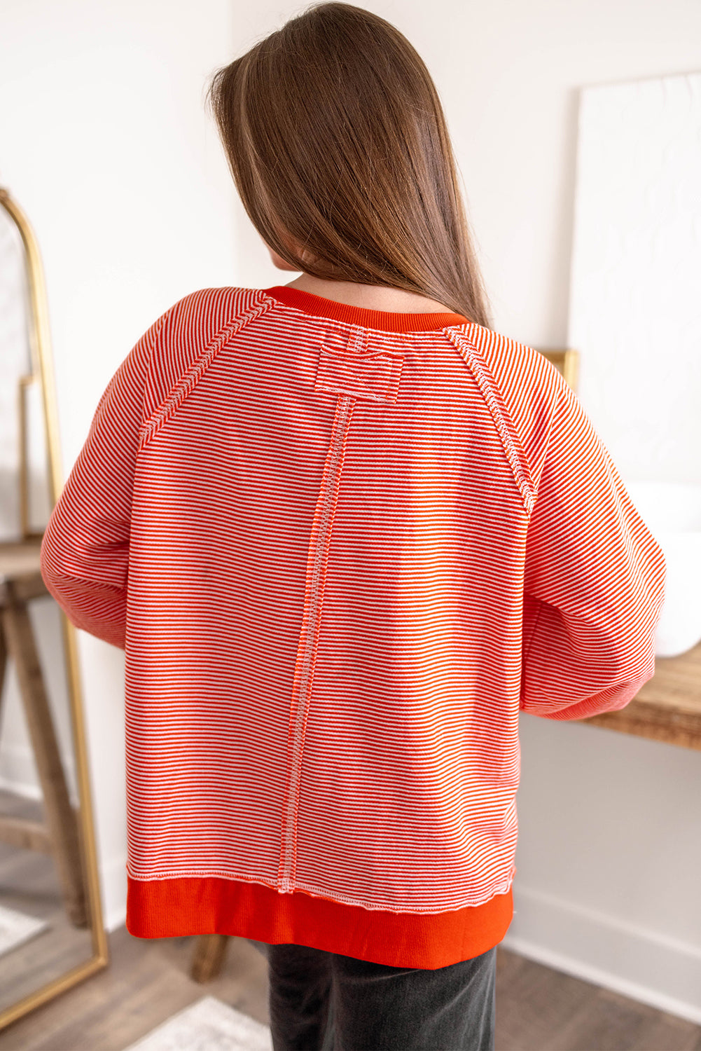 Orange Stripe Ribbed Edge Raglan Sleeve Exposed Seam Casual Knit Top