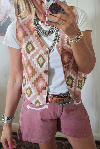 Pink Western Aztec Print Cropped Vest